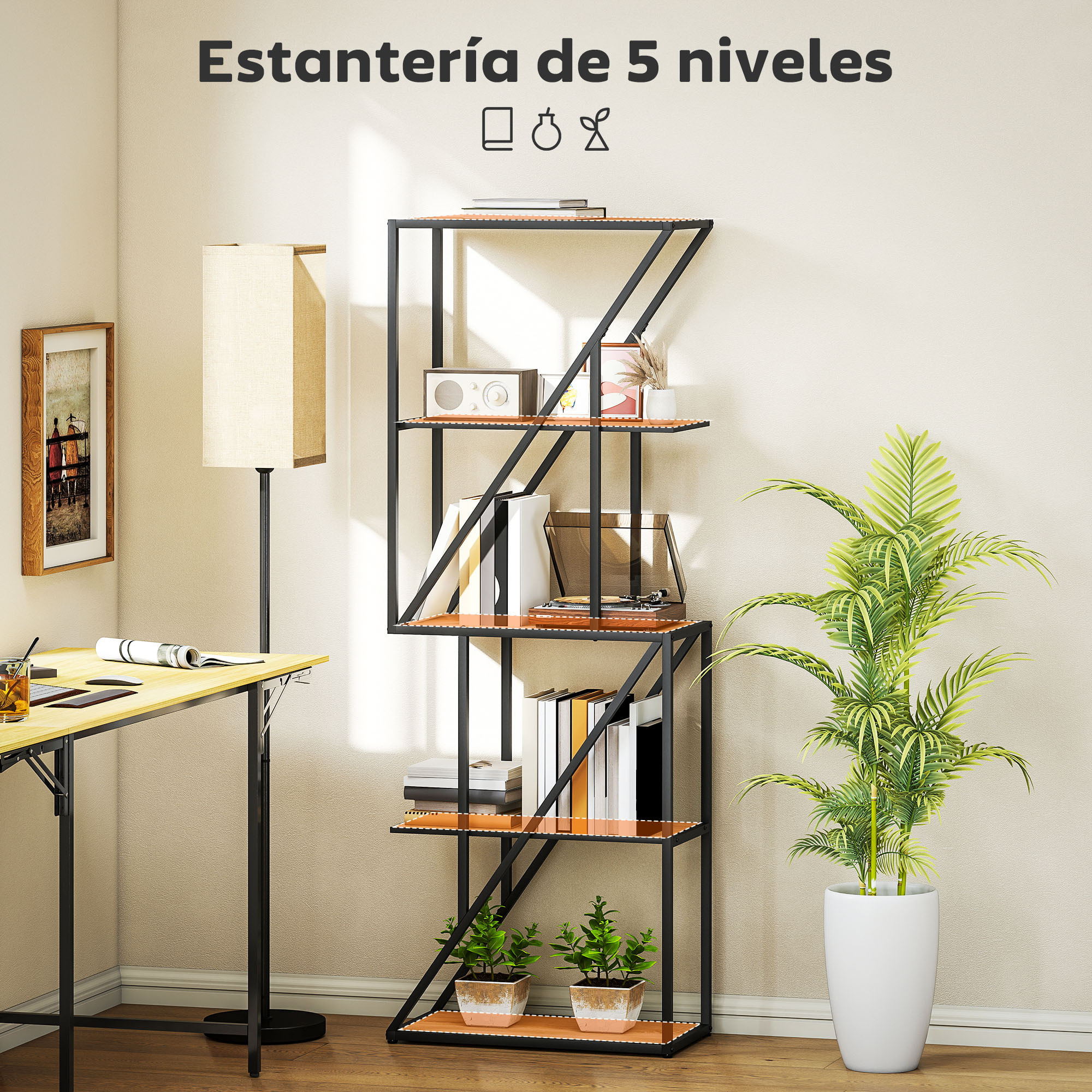 Librería de 5 Niveles, Estantería para Libros Industrial con Estantes Abiertos y Marco de Acero Entrecruzado, para Salón, Dormitorio, Oficina, 60x30x165 cm, Roble
