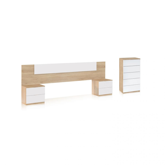 Dormitorio compuesto por 4 piezas en blanco artik y roble canadian Akari 5C Blanco Artik (Blanco Mate) - Roble Canadian