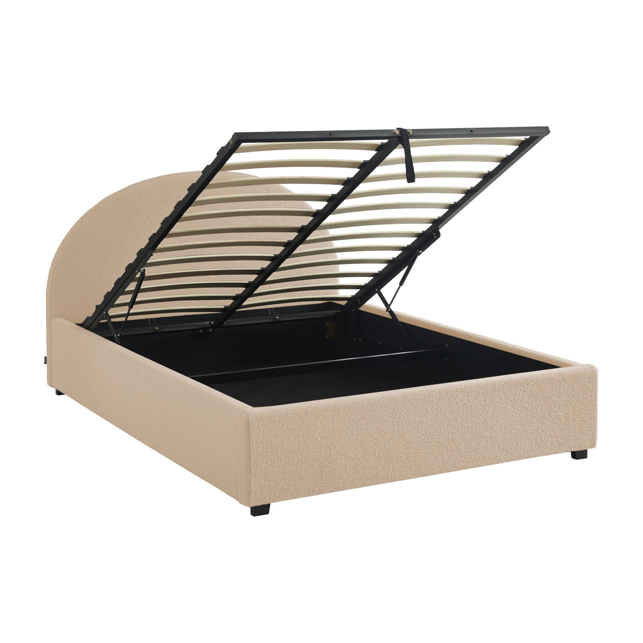 Lit coffre avec sommier à lattes et tête de lit. finition bouclette. nude. L 206 x P 153.5 x H 102cm