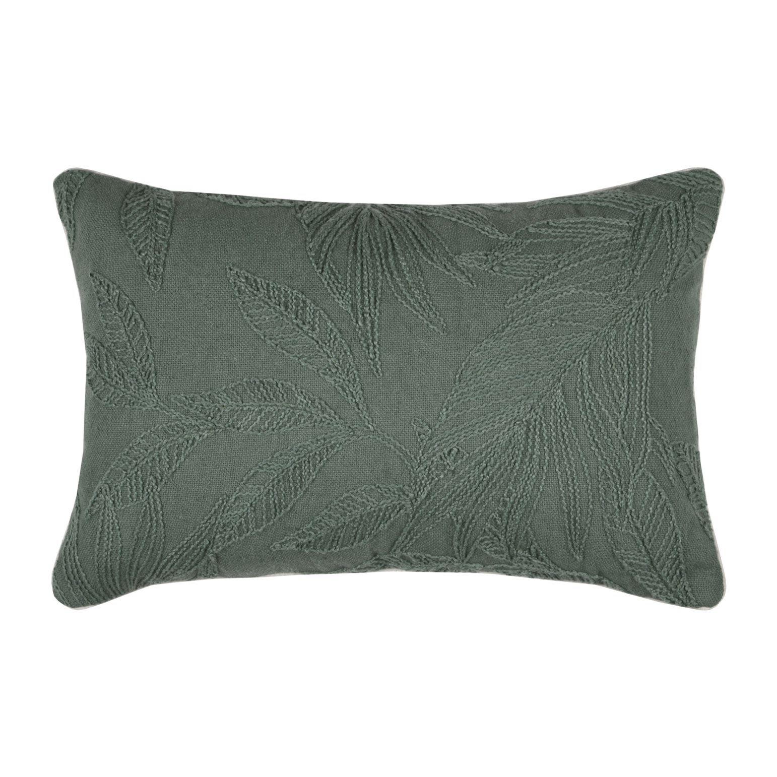 Coussin rectangulaire en coton à feuillage brodé - Kaki