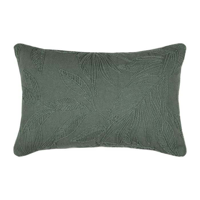 Coussin rectangulaire en coton à feuillage brodé - Kaki