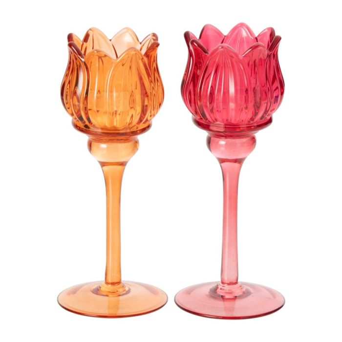 J-Line photophore sur base tulipe - verre - orange/fuchsia - small - assortiment de 2