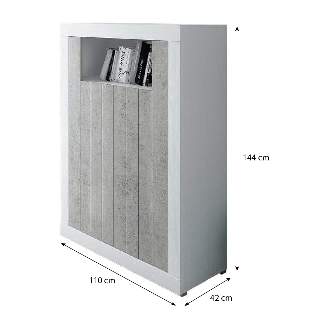 Credenza Alta con 2 Ante Vano A Giorno Madia Soggiorno Cucina Mobile Moderno Multi Spazio e Ripiani Credenza 110x144x42 Cm Bianco e Grigio Cemento