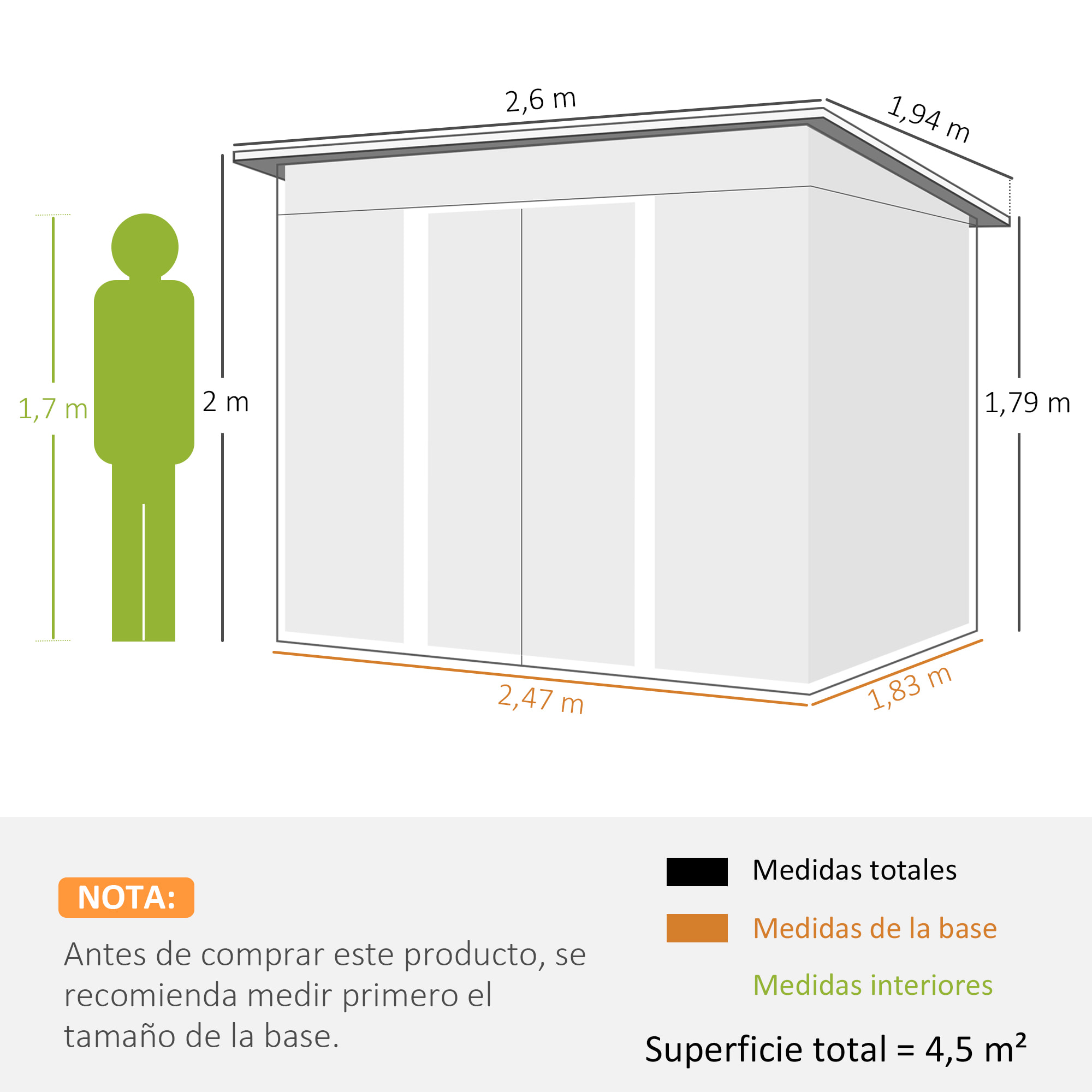 Cobertizo de Jardín Exterior 4,5 m² 260x194x200 cm Caseta de Jardín Exterior Metálica con Paneles Frontales Transparentes y 2 Puertas Corredizas para Almacenamiento de Herramientas Gris
