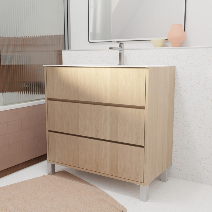 Pack Meuble Salle de Bains 80 cm Chêne Clair, 3 tiroirs avec Vasque Céramique - XENOS