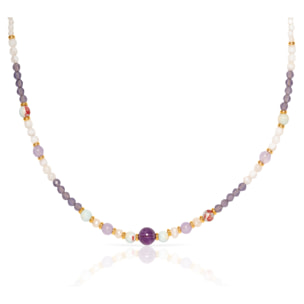 Collar de amatista, piedras Shoushan, conchas blancas y perlas naturales con cierre de mosquetón.