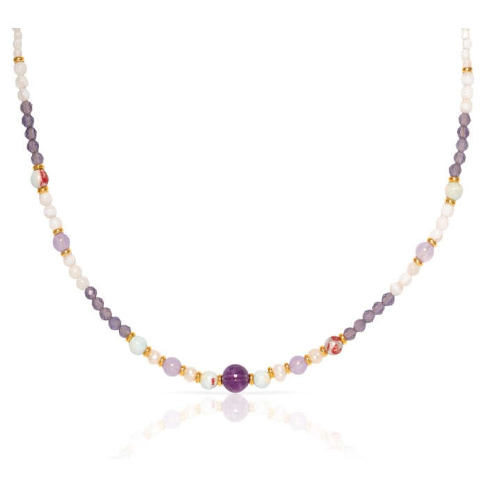 Collar de amatista, piedras Shoushan, conchas blancas y perlas naturales con cierre de mosquetón.