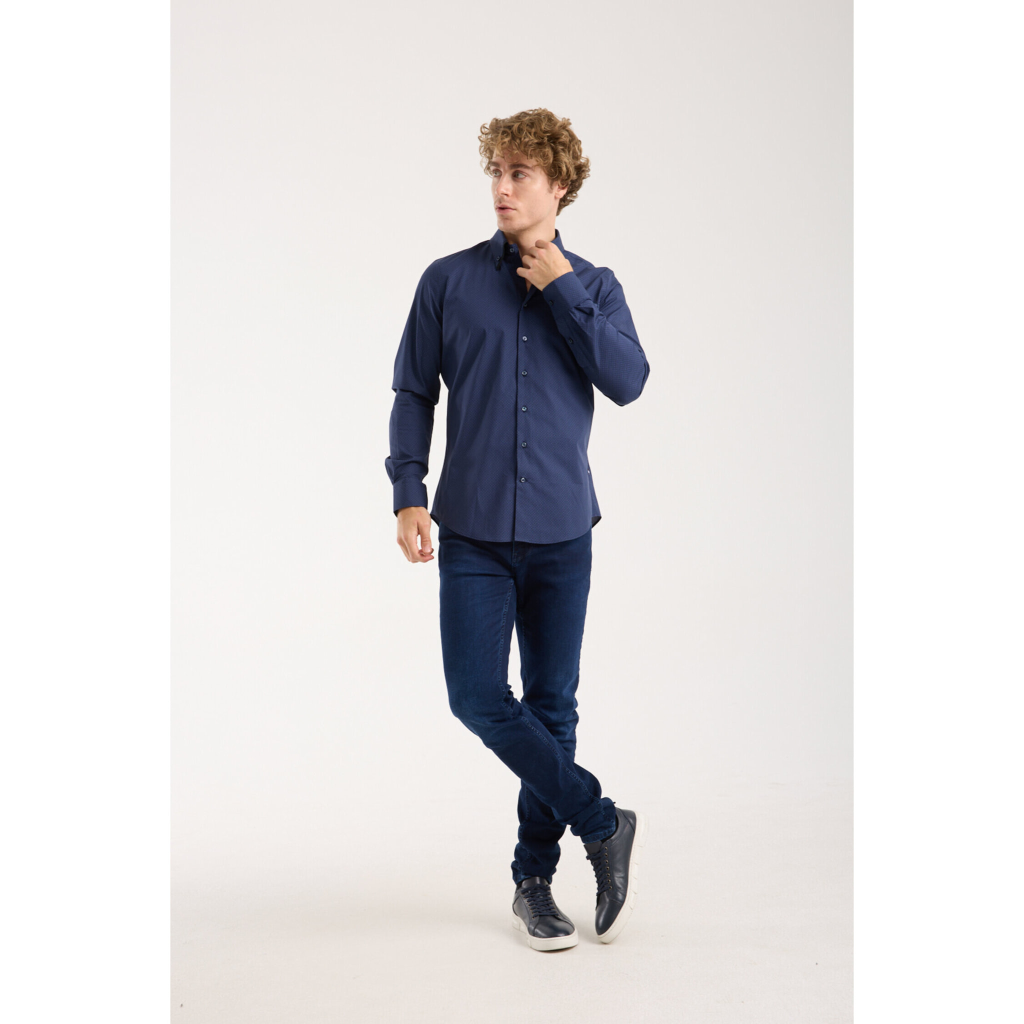 Camicia Uomo 2 Bottoni Button Down Doppio Coll Popeline Stretch Stampato Nero e Blu Scuro