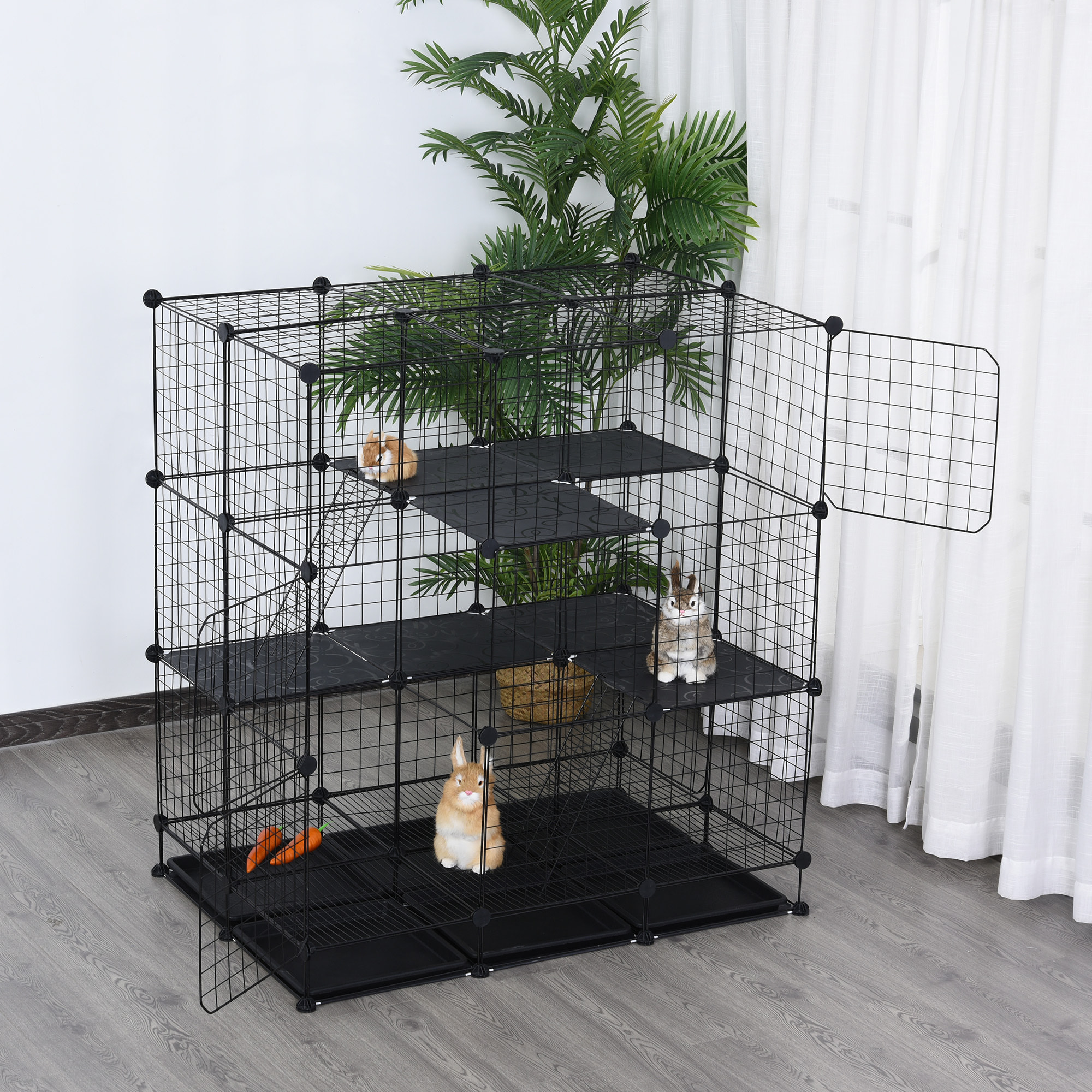 Cage parc enclos rongeurs modulable dim. L 111 x l 75 x H 119 cm 3 niveaux 4 portes fil métallique noir