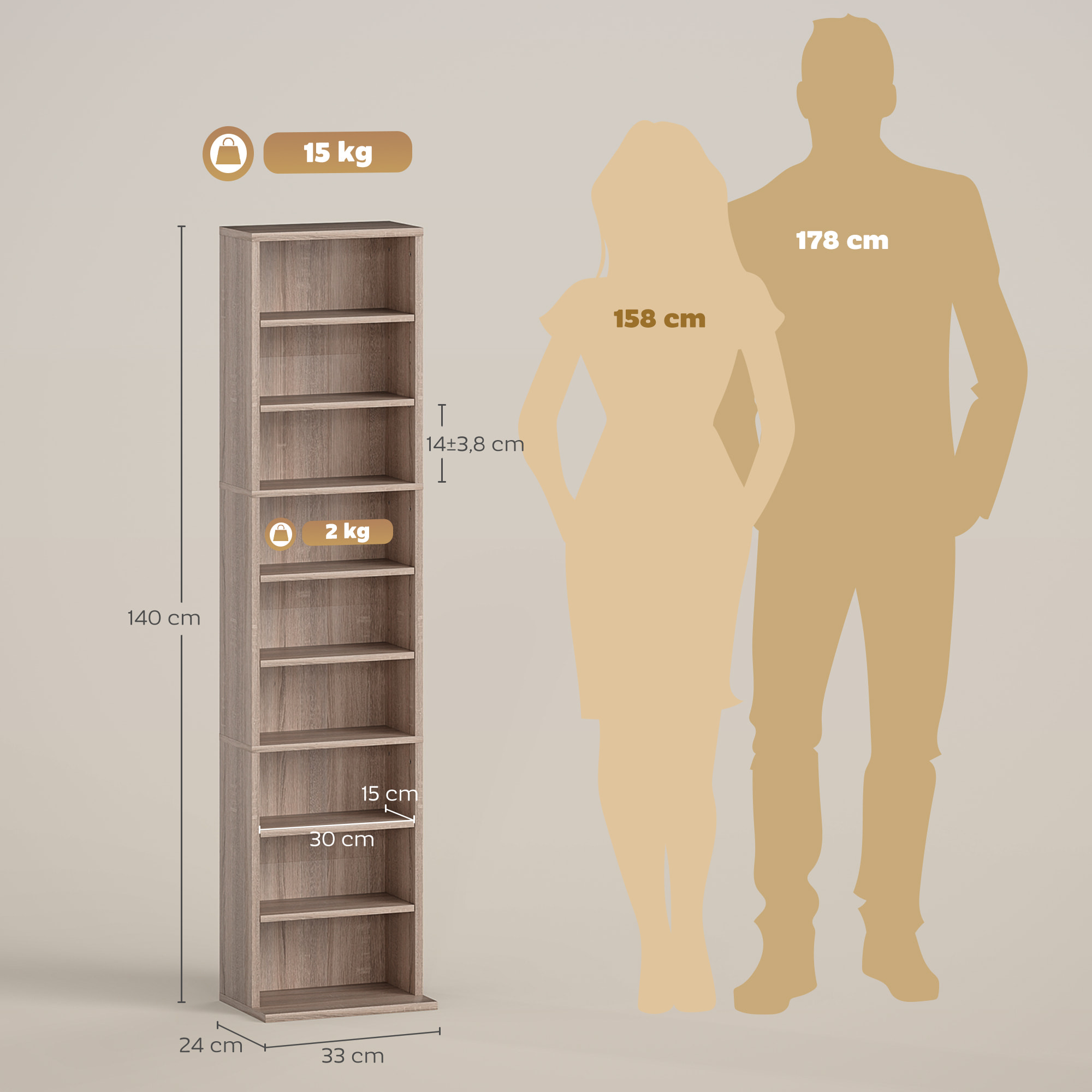 Estantería para CDs y DVDs Soportes para CD Estrechos con 9 Compartimentos Estantes Ajustables para Salón Oficina 33x24x140 cm Madera Natural