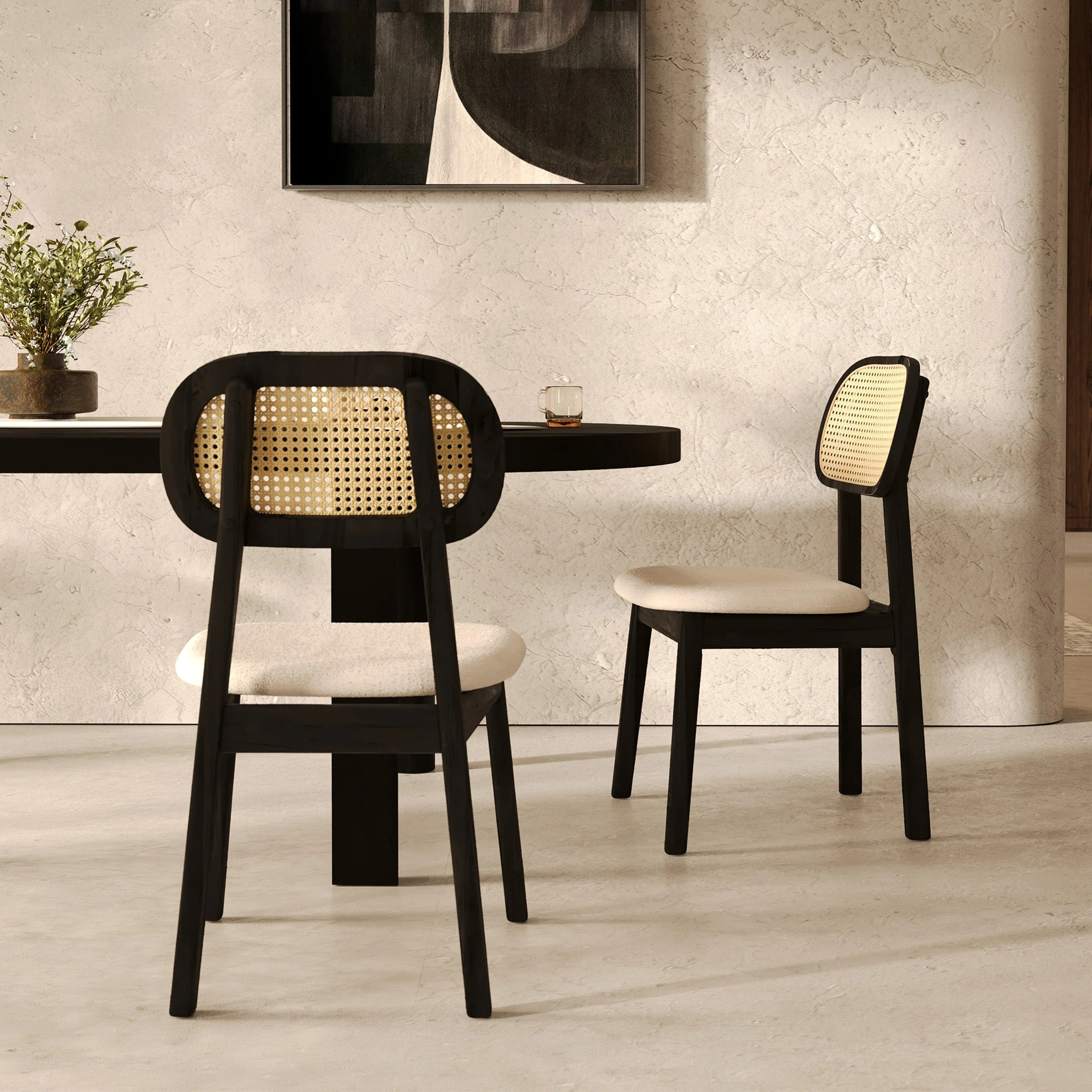 Lot de 2 chaises en bois noir, tissu beige et rotin synthétique - Maria