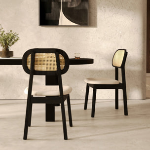 Lot de 2 chaises en bois noir, tissu beige et rotin synthétique - Maria