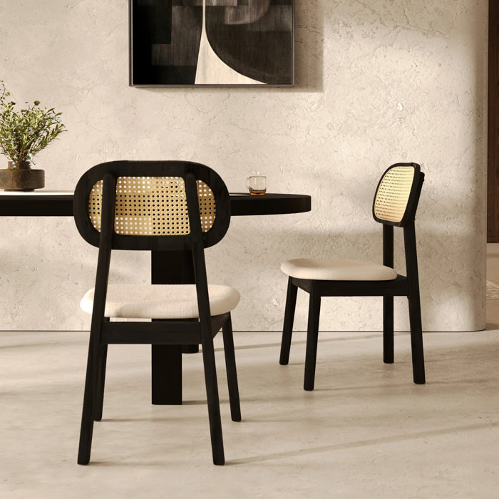 Lot de 2 chaises en bois noir, tissu beige et rotin synthétique - Maria