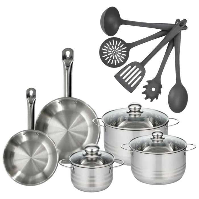 Batterie de cuisine avec 3 faitouts 16/20/24 cm et 2 poêles 20/24 cm et 5 ustensiles de cuisine Fackelmann Etherna Brillant Clip