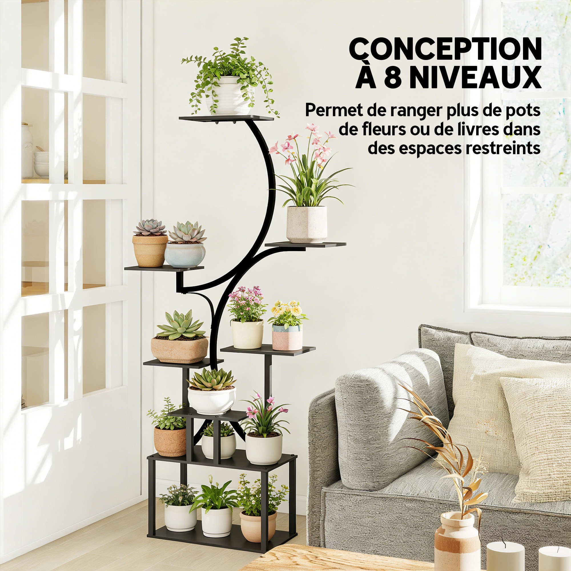 Étagère à fleurs en métal à 8 niveaux noir