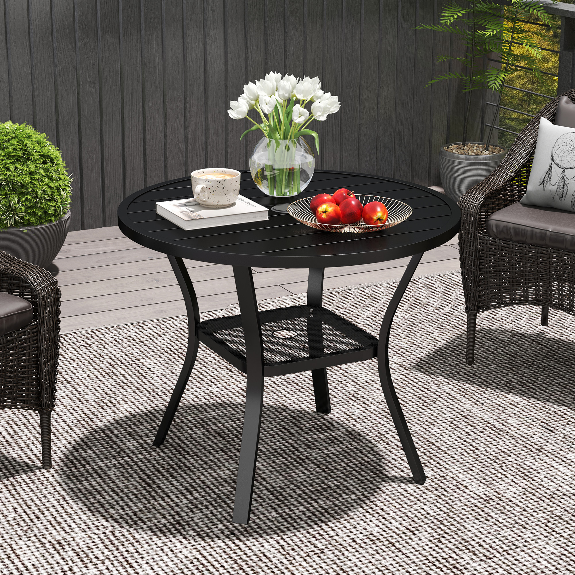 Mesa de Jardín Exterior con Orificio para Sombrilla Mesa de Comedor Exterior Redonda con Encimera de Metal Estante Inferior y Estructura de Acero para Patio Terraza Ø90x73 cm Negro