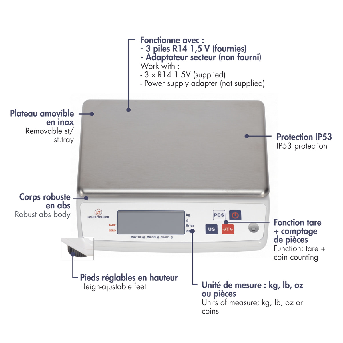 Balance électronique professionnelle - 10kg - IP53 - précision 1g - plateau amovible 22 x 16,5 cm