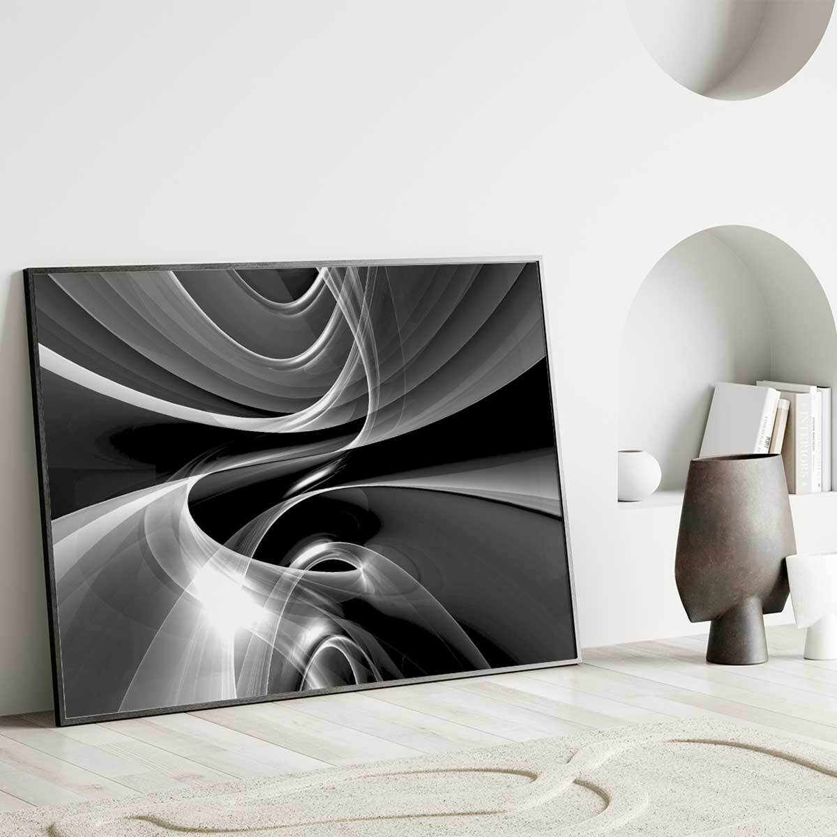 Affiche encadrée art abstrait noir et blanc fluide Affiche + cadre en métal - Noir
