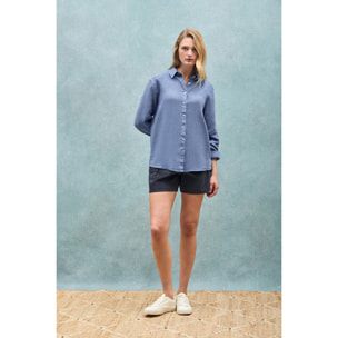 Camicia blu presidenziale in lino tinta in capo con monogramma ricamato