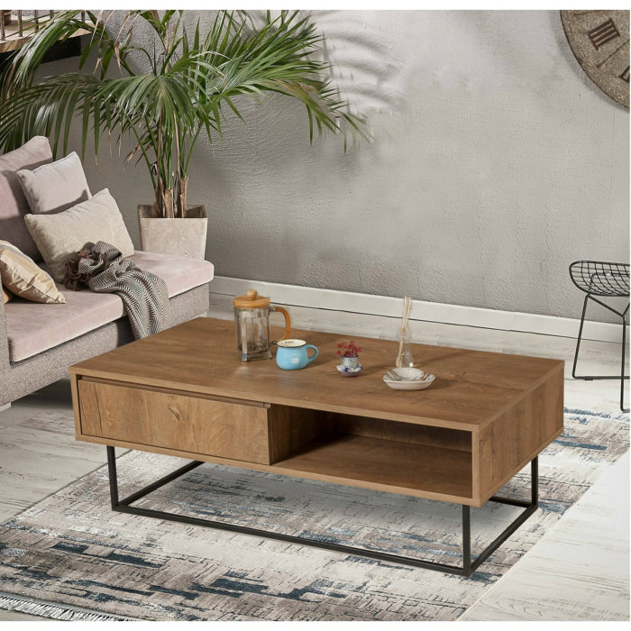 Tavolino da salotto Bard, Tavolo basso da caffè, Portariviste per divano, Ripiano da soggiorno, 120x60h43 cm, Noce e Nero