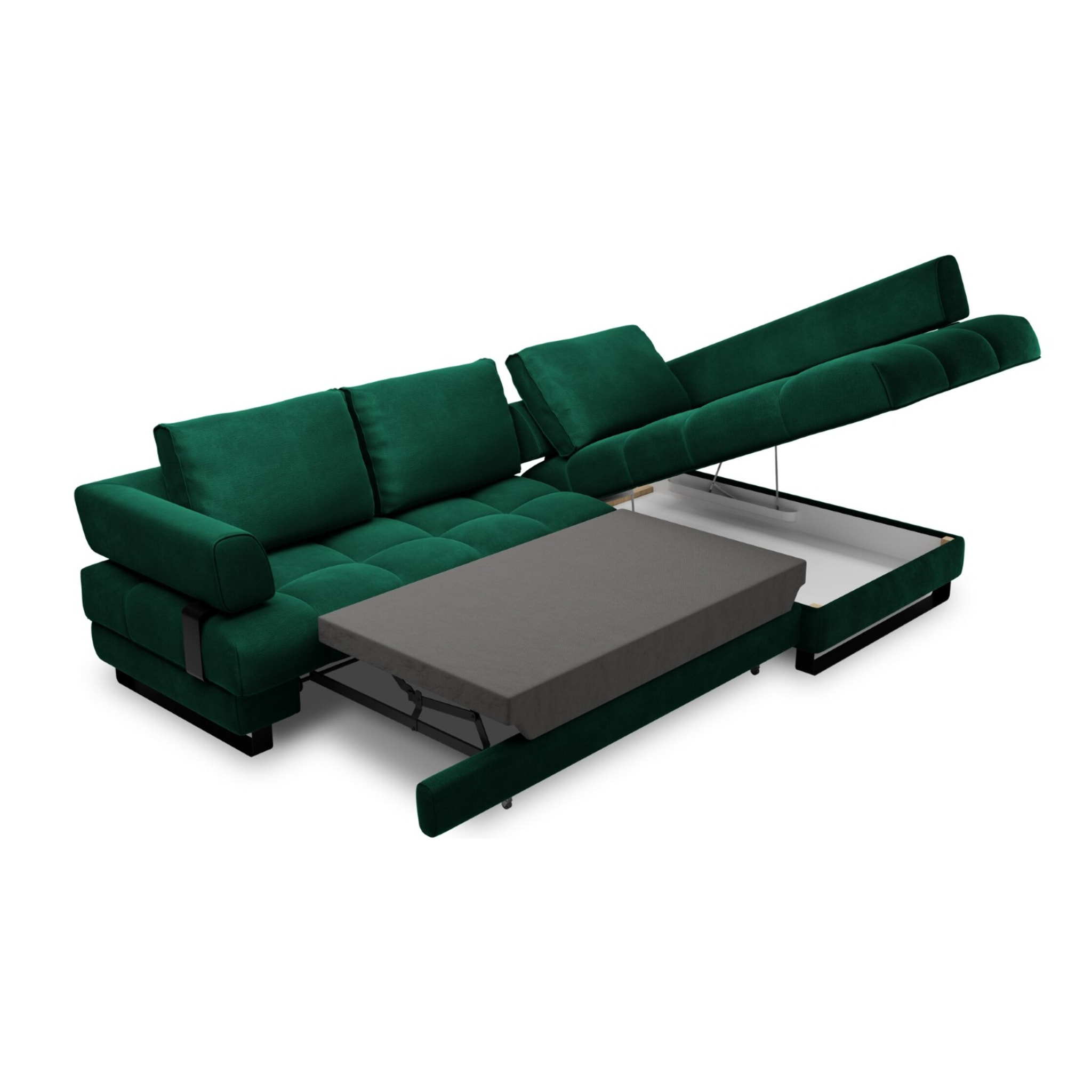 Canapé d'angle droit convertible avec coffre de rangement "Clinton" 5 places en velours vert bouteille