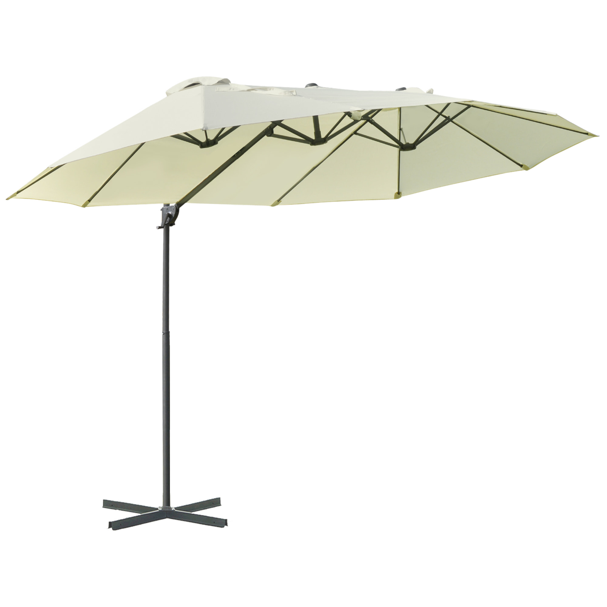 Parasol déporté grande taille XXL inclinable dim. 4,4L x 2,7l x 2,5H m piètement en acier inclus polyester crème