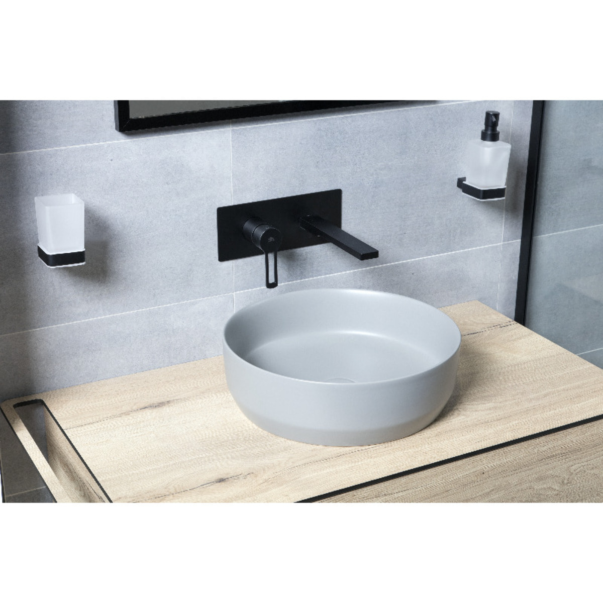 Set vasque à poser 39x39x12cm sans trop-plein, bonde à écoulement libre Infinitio gris mat SetSATINF-gris