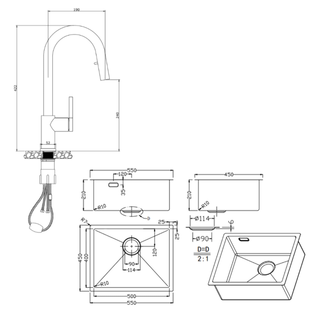 Timeless 55x45x21 cm évier sous plan en inox 304 + mitigeur inox avec douchette extractible, or brossé (TMLKSU-5545BG-M2)