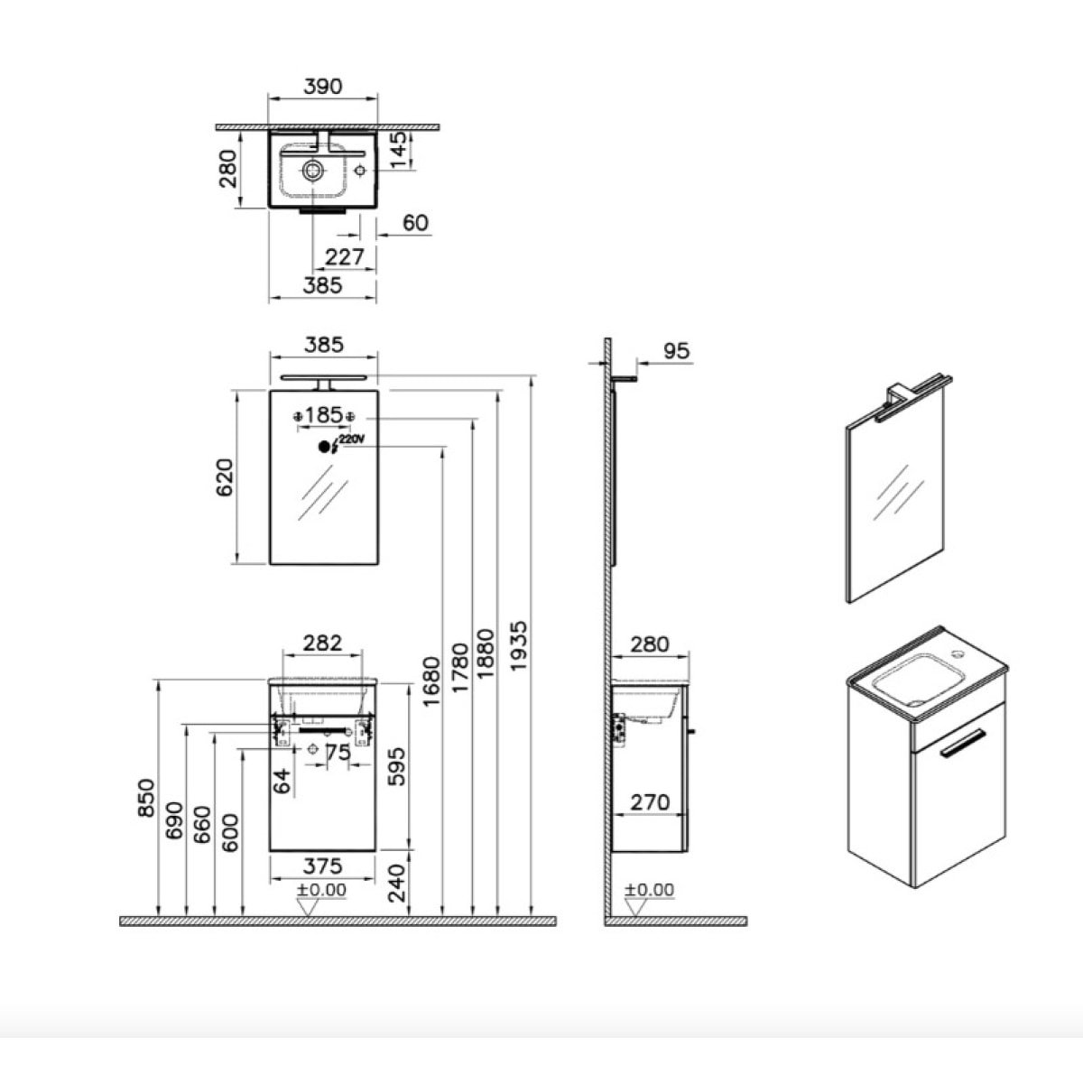 Mia ensemble meuble 39x61x28 cm avec miroir, lavabo et éclairage LED, chêne (MIASET40D)