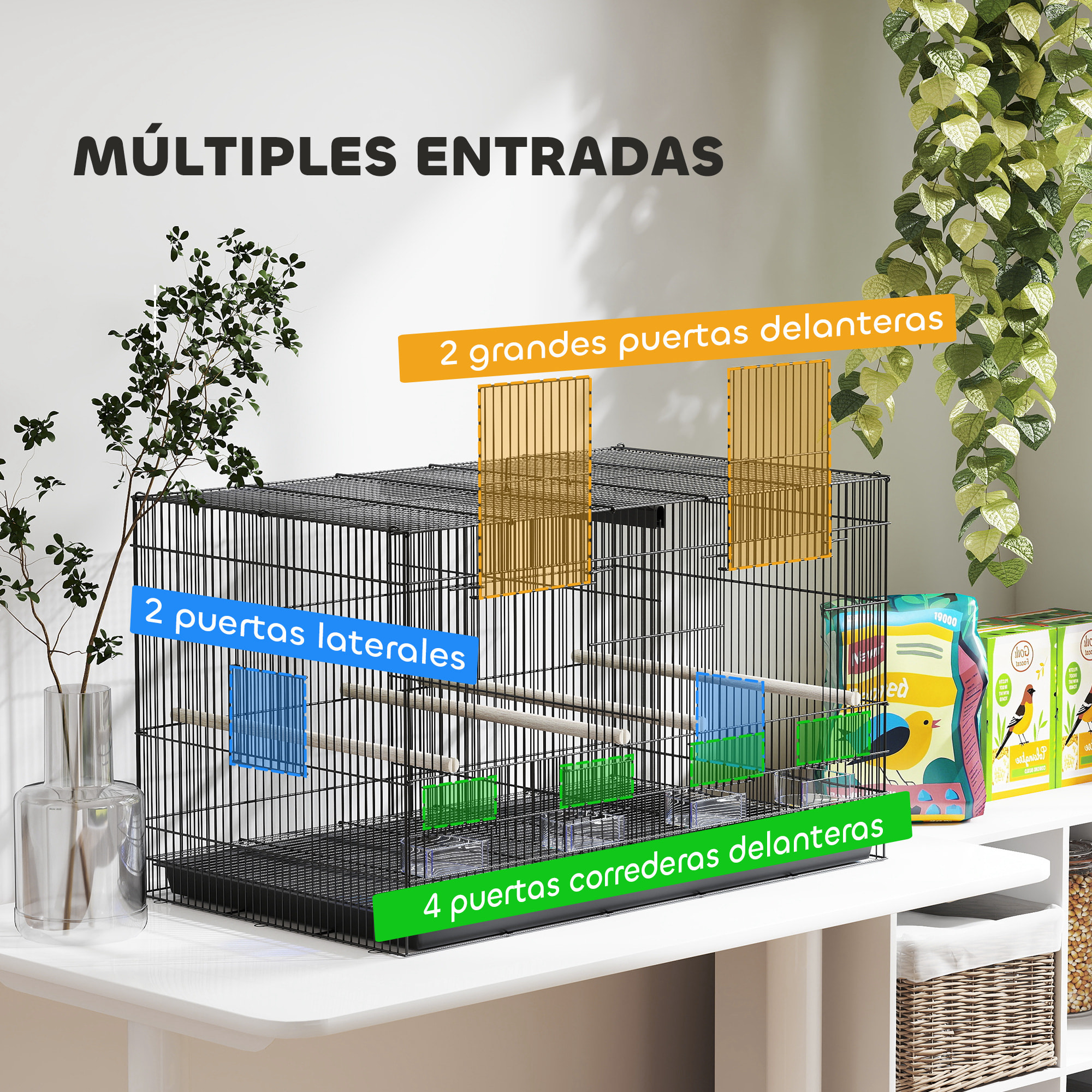 Jaula para Pájaros con Divisor Jaula para Mascota Aves Loros Canarios Pajarera con Comederos Perchas y Bandeja Extraíble 94x57x57 cm Negro