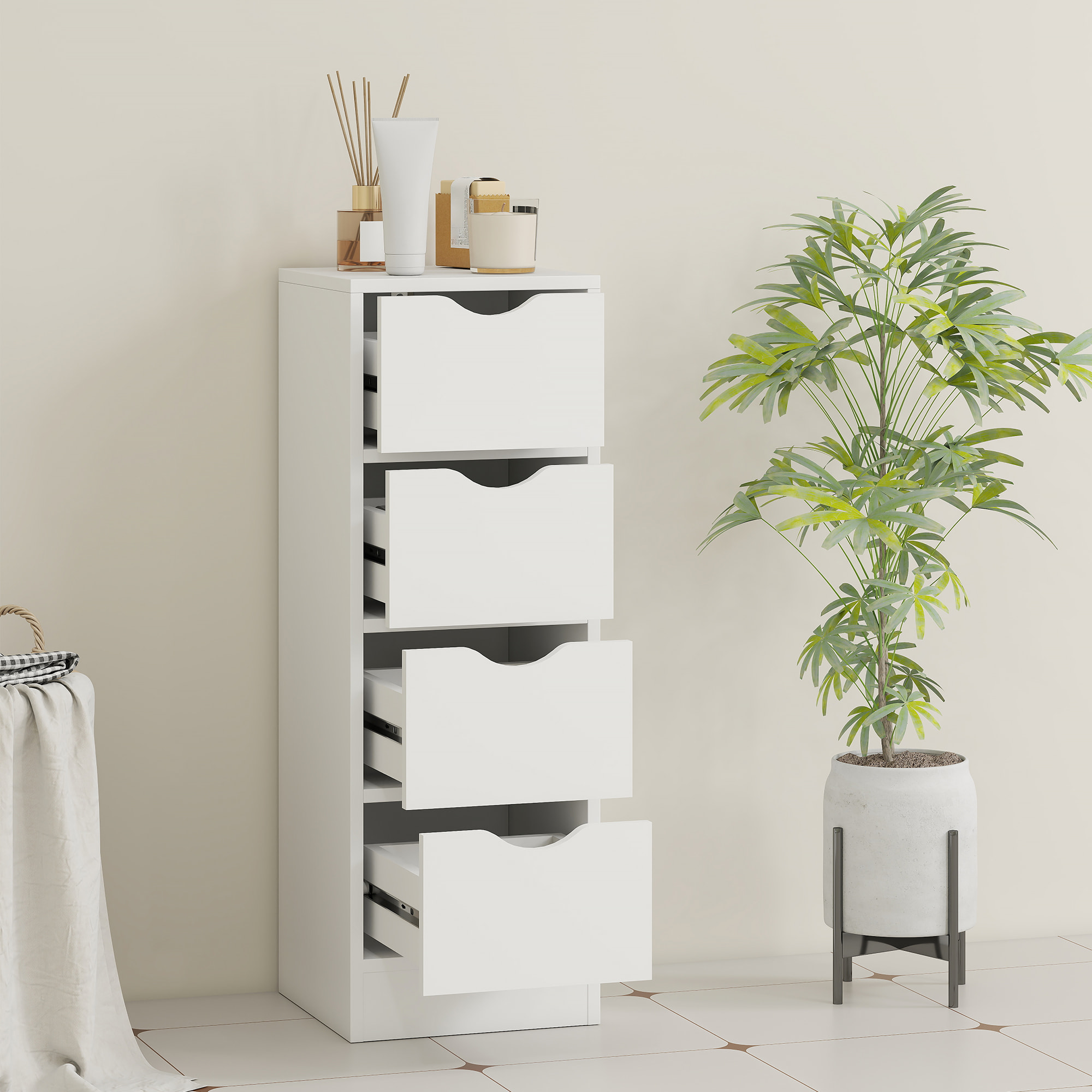 Armario de Baño Estrecho, Mueble Auxiliar de Baño con 4 Cajones y Asas Ranuradas, para Espacios Reducidos, 29x29x83 cm, Blanco