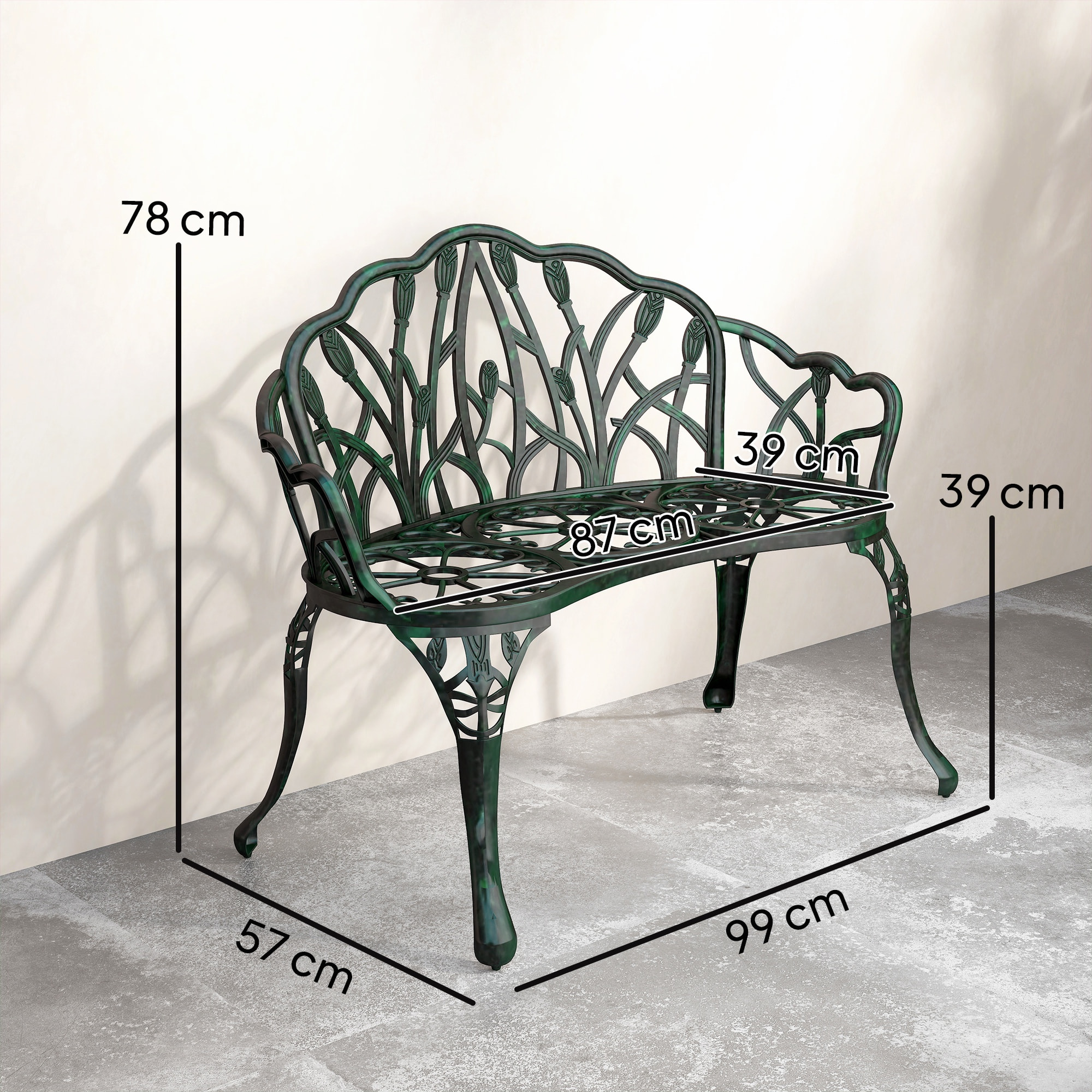 Banc de jardin 2 places style néo-rétro motif tulipes lignes fuselées fonte d'aluminium vert vieilli