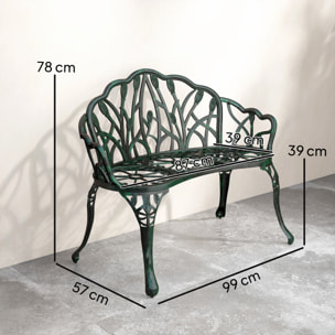 Banc de jardin 2 places style néo-rétro motif tulipes lignes fuselées fonte d'aluminium vert vieilli