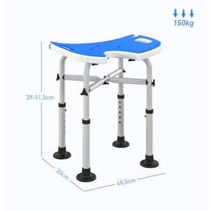 Tabouret de douche - siège de douche avec barre d'appui ventouse - hauteur réglable - alu HDPE bleu blanc