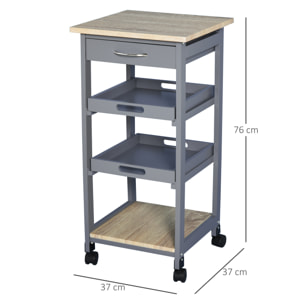 Chariot de service desserte de cuisine à roulettes 2 plateaux amovibles, tiroir, étagère MDF chêne clair bois pin gris
