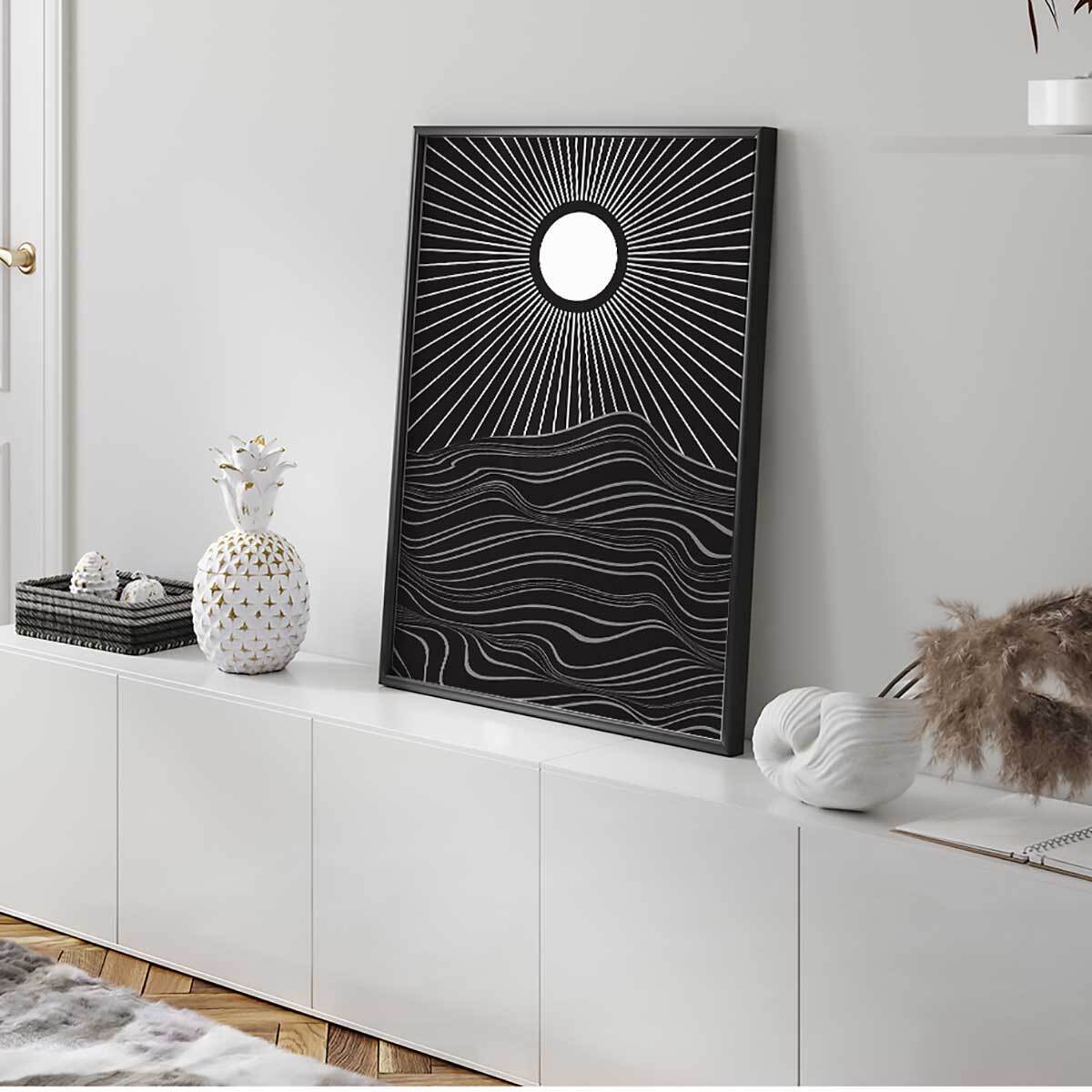 Affiche encadrée abstraite soleil lignes noires Affiche + cadre en métal - Noir