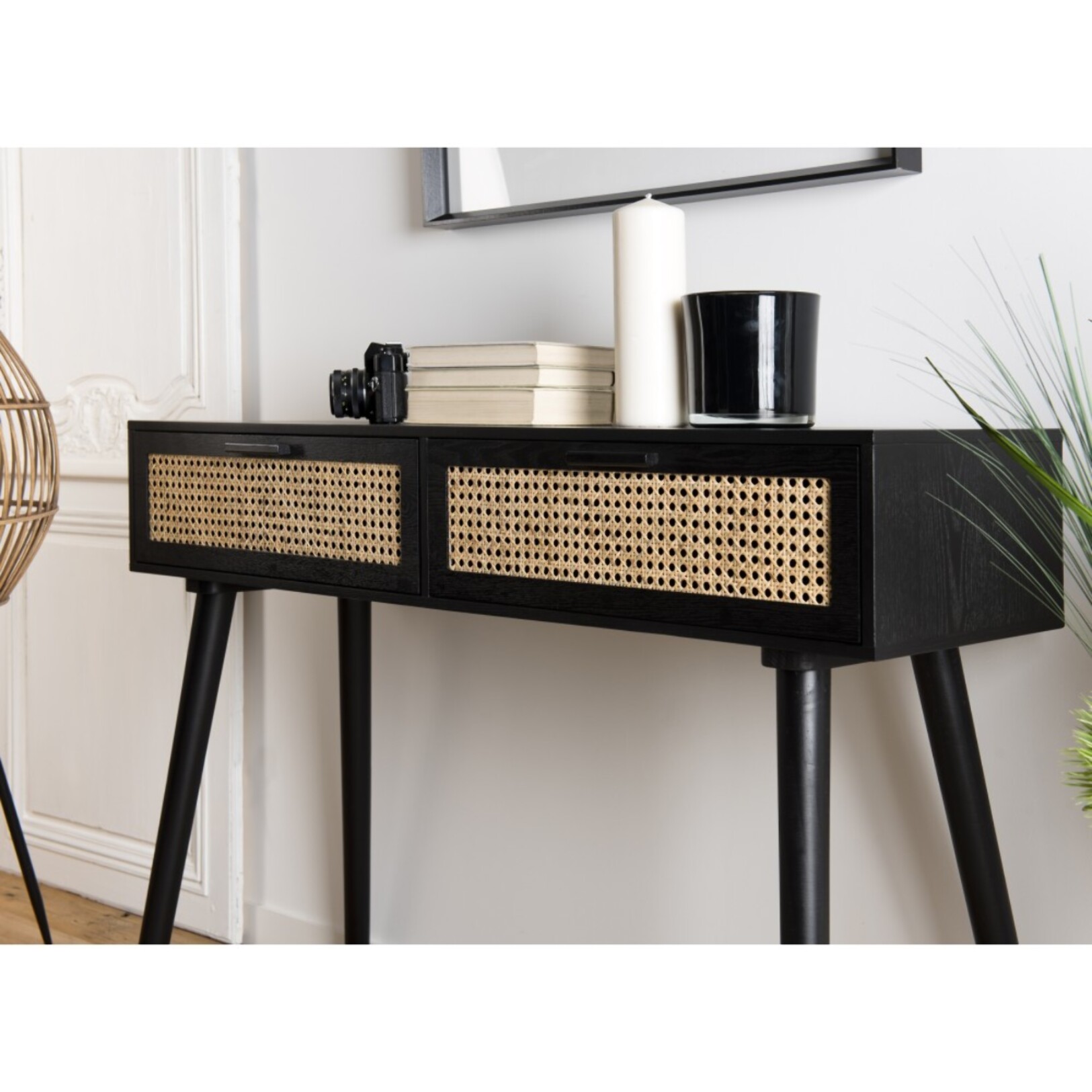 ANGELO - Console noire bois 2 tiroirs cannage