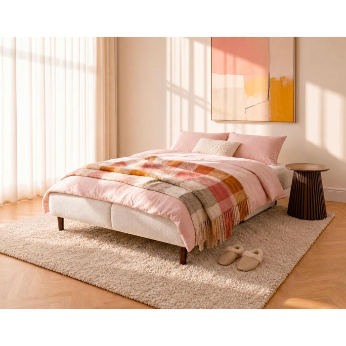 Hortense - Canapé droit 3 places convertible avec coffre en velours texturé - Beige