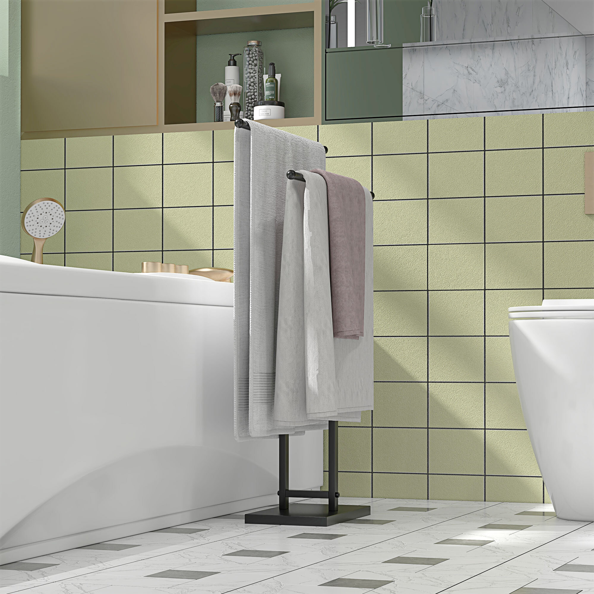 Toallero de Pie de Metal, Toallero Escalera de Baño con 2 Barras en Forma de T, Estilo Moderno, 50x18,5x85 cm, Negro