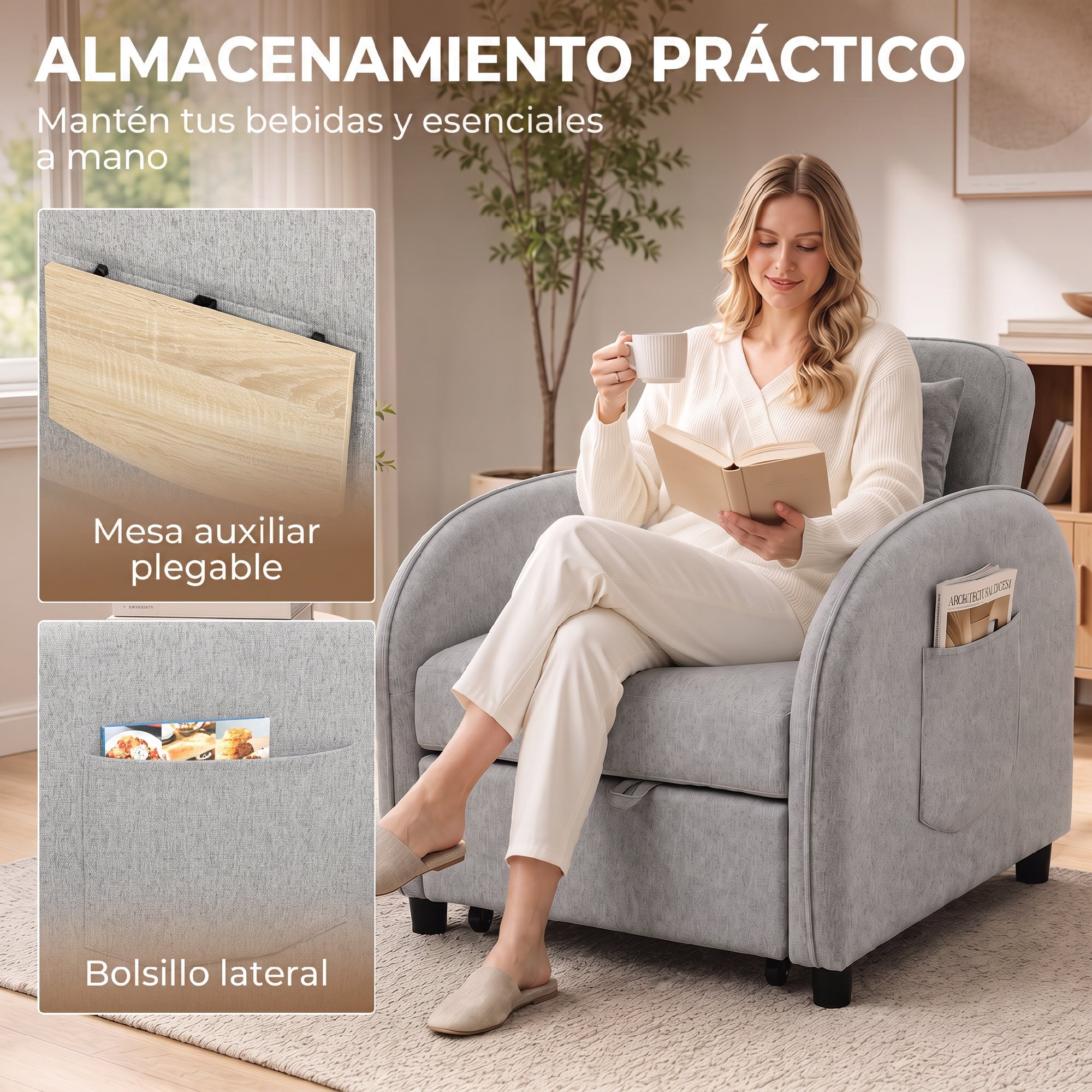 Sofá Cama 1 Plaza Convertible, 3 en 1, con Mesa Lateral Plegable, Sillón Cama con Respaldo Ajustable, Almohada con Funda Lavable, Bolsillo Lateral, para Salón, Dormitorio, Gris