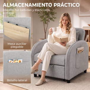Sofá Cama 1 Plaza Convertible, 3 en 1, con Mesa Lateral Plegable, Sillón Cama con Respaldo Ajustable, Almohada con Funda Lavable, Bolsillo Lateral, para Salón, Dormitorio, Gris
