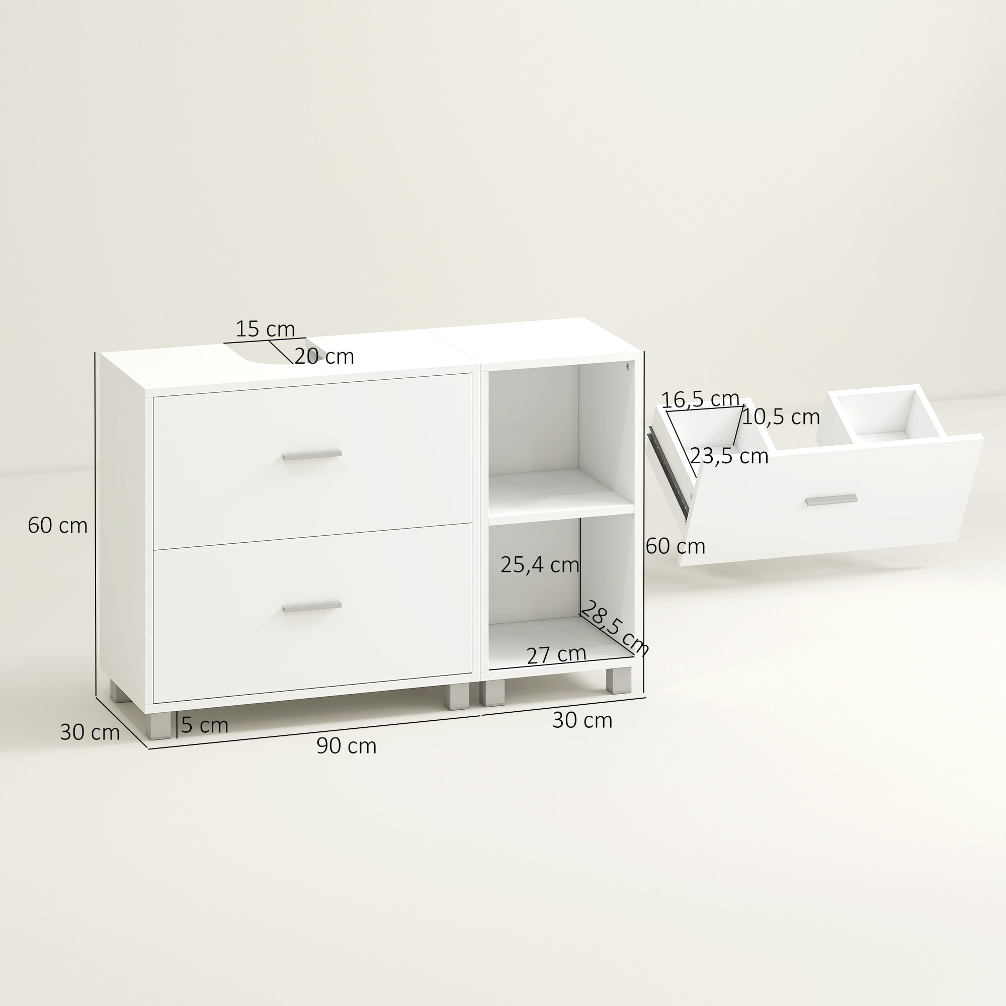 Mueble Bajo Lavabo, Mueble de Baño con 2 Cajones y 2 Estantes Abiertos, Estilo Moderno, para Lavabo con Pedestal, 90x30x60 cm, Blanco