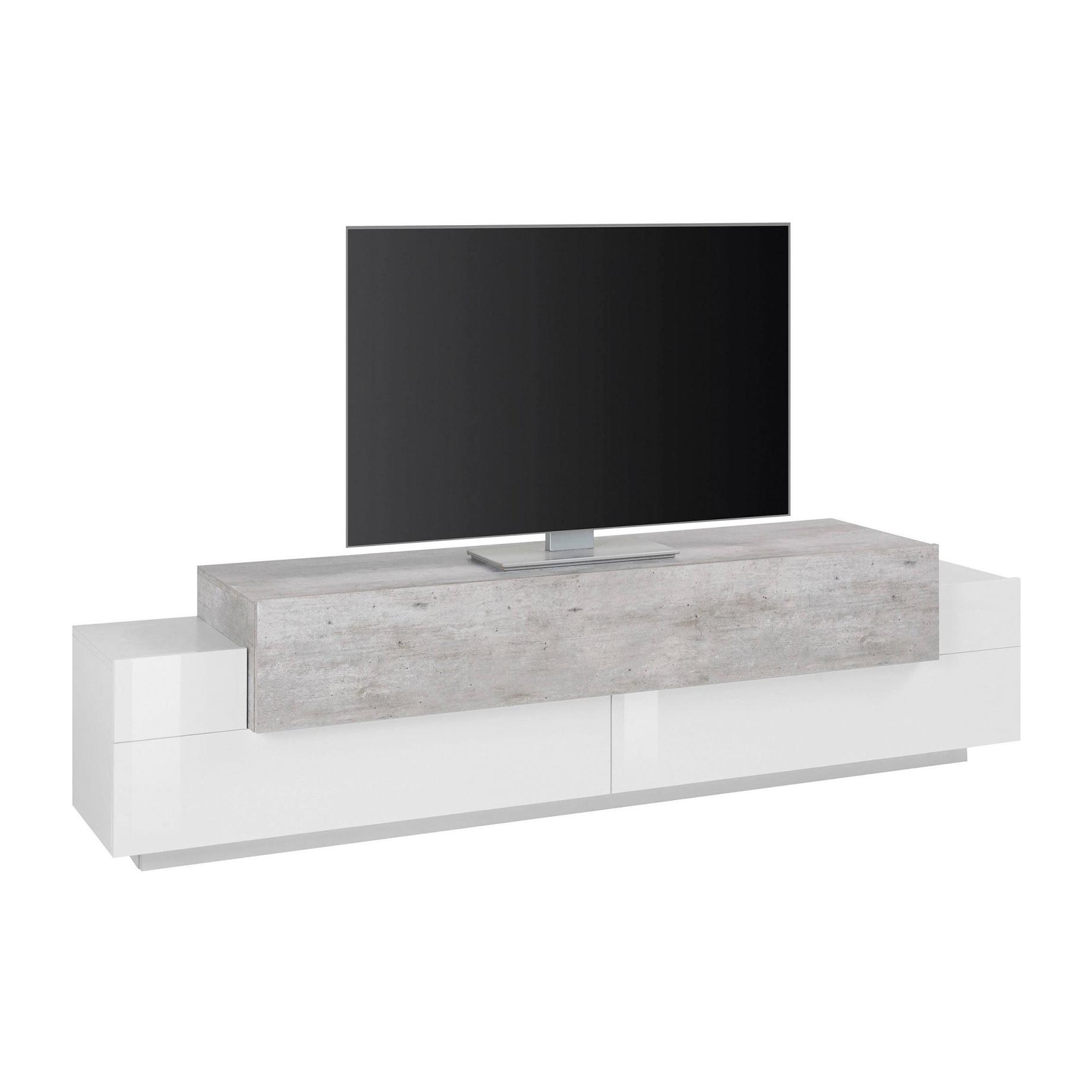 Mobile da soggiorno Porta TV, Made in Italy, Supporto per TV da salotto a 3 ante e ripiani, cm 200x45h52, colore Bianco lucido e Cemento