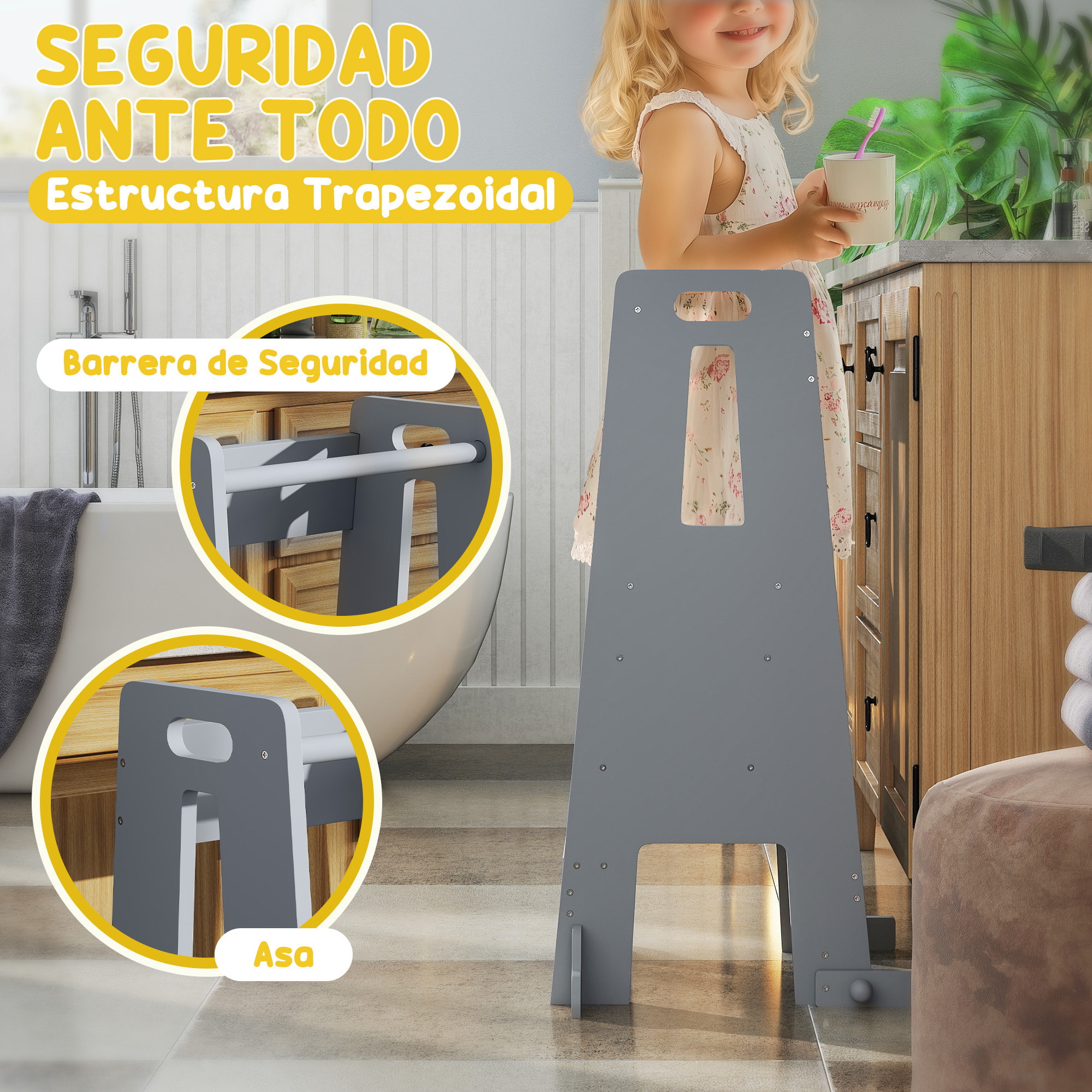 AIYAPLAY Torre de Aprendizaje Taburete de Aprendizaje para Niños de +3 Años con Pedal Altura Ajustable en 3 Niveles y Barrera de Seguridad para Baño Cocina 45x47,5x91 cm Gris