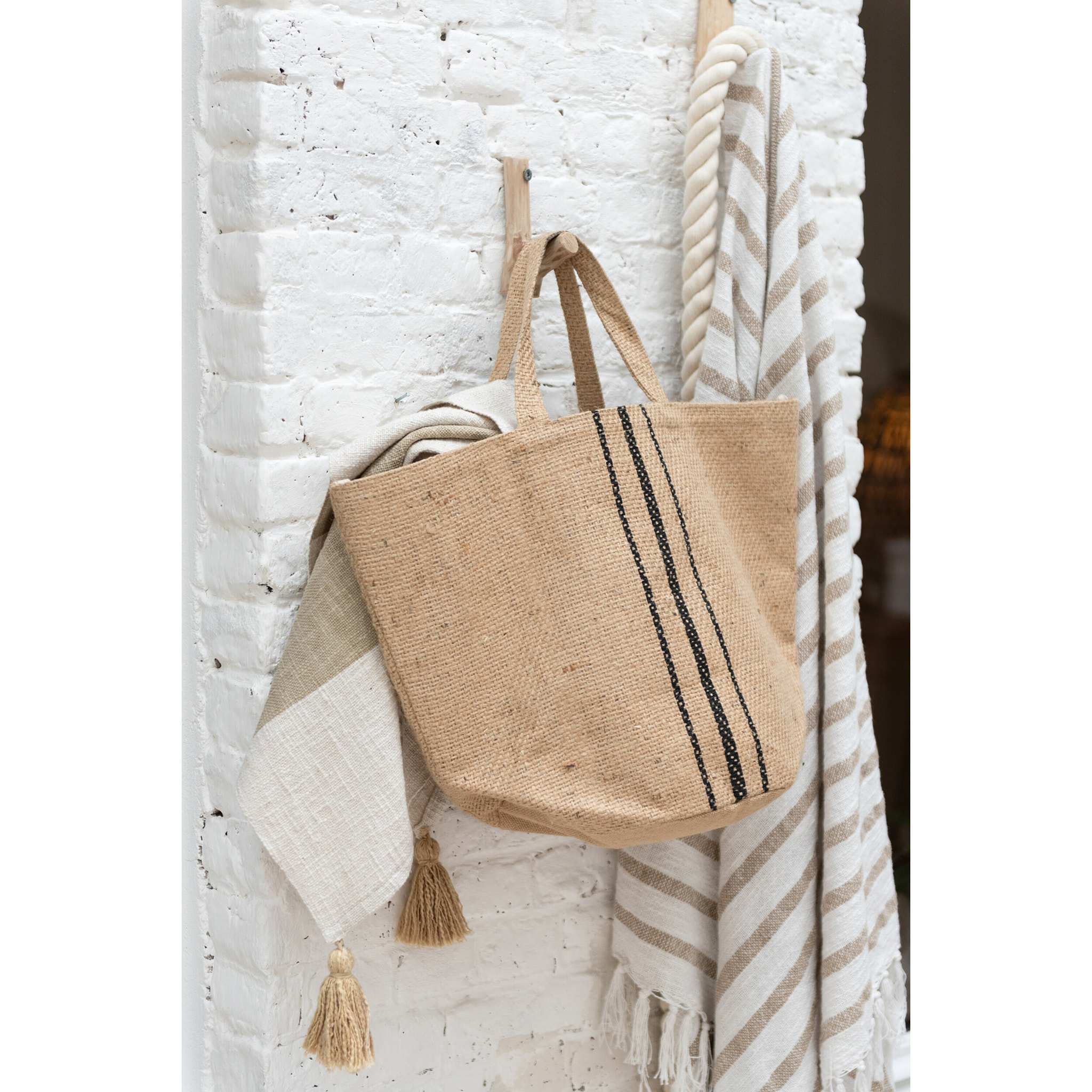 J-Line sac de plage Rayures  - jute - noir