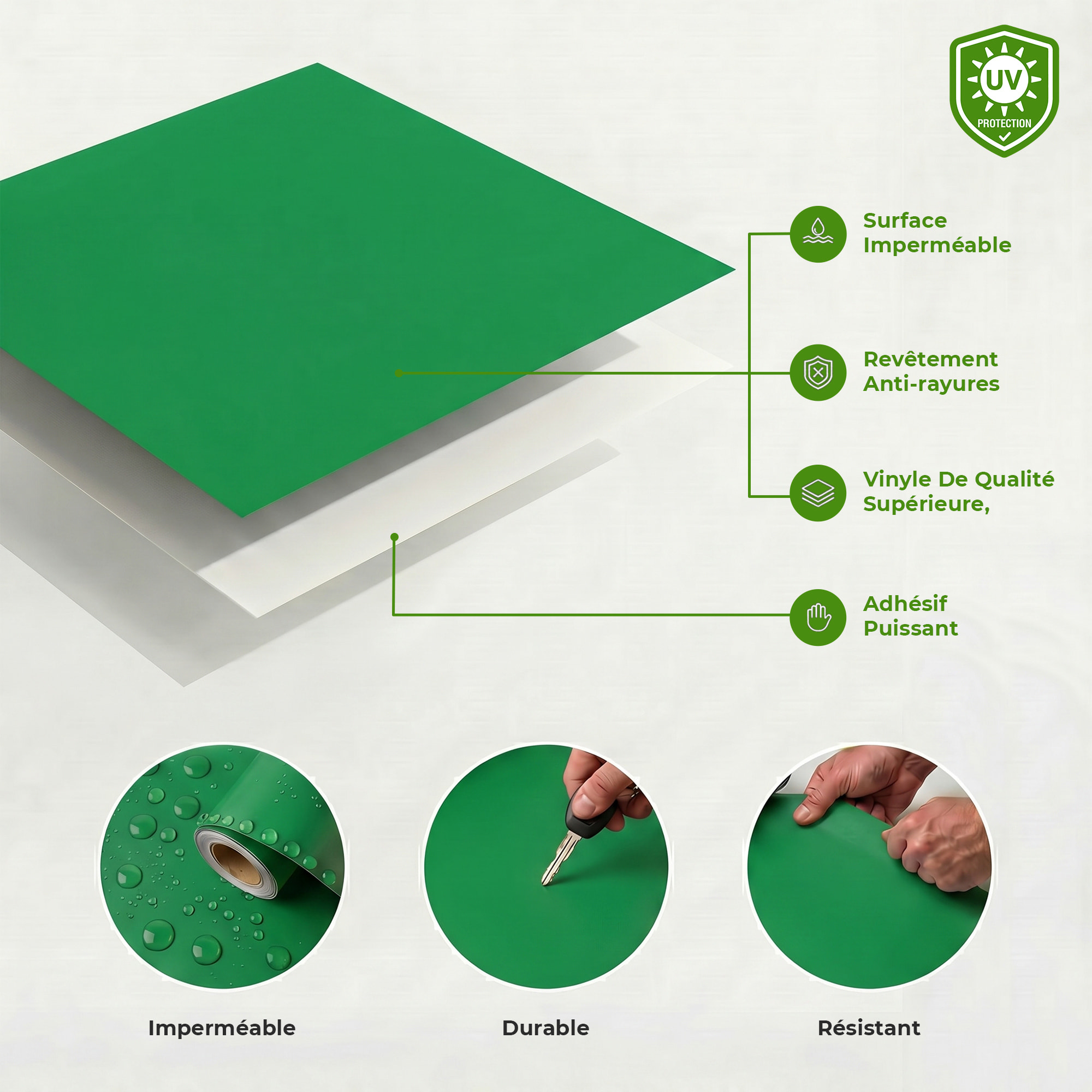 Rouleau adhésif décoratif Vinyle au Mètre - Vert cactus - Sticker Lavable Imperméable Mur Cuisine Meubles