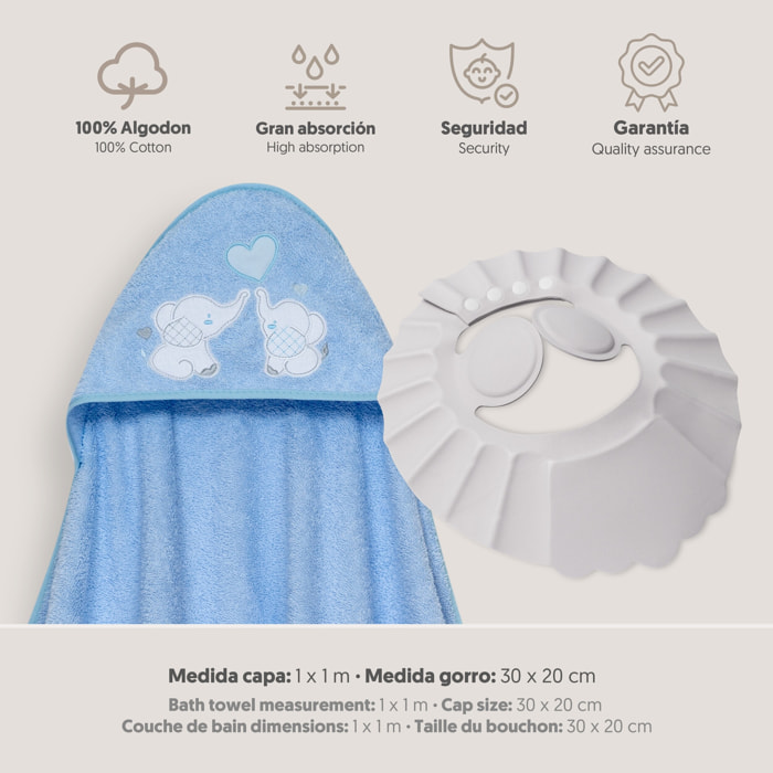 Capa Baño 1X1 Mod Parejita Elefante+Gorro Azul