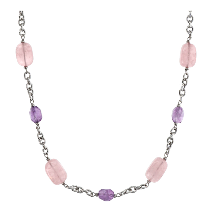 Collana Lunga Catena Rolo con Ametista Viola e Quarzo Rosa in Argento 925 placcato Rodio