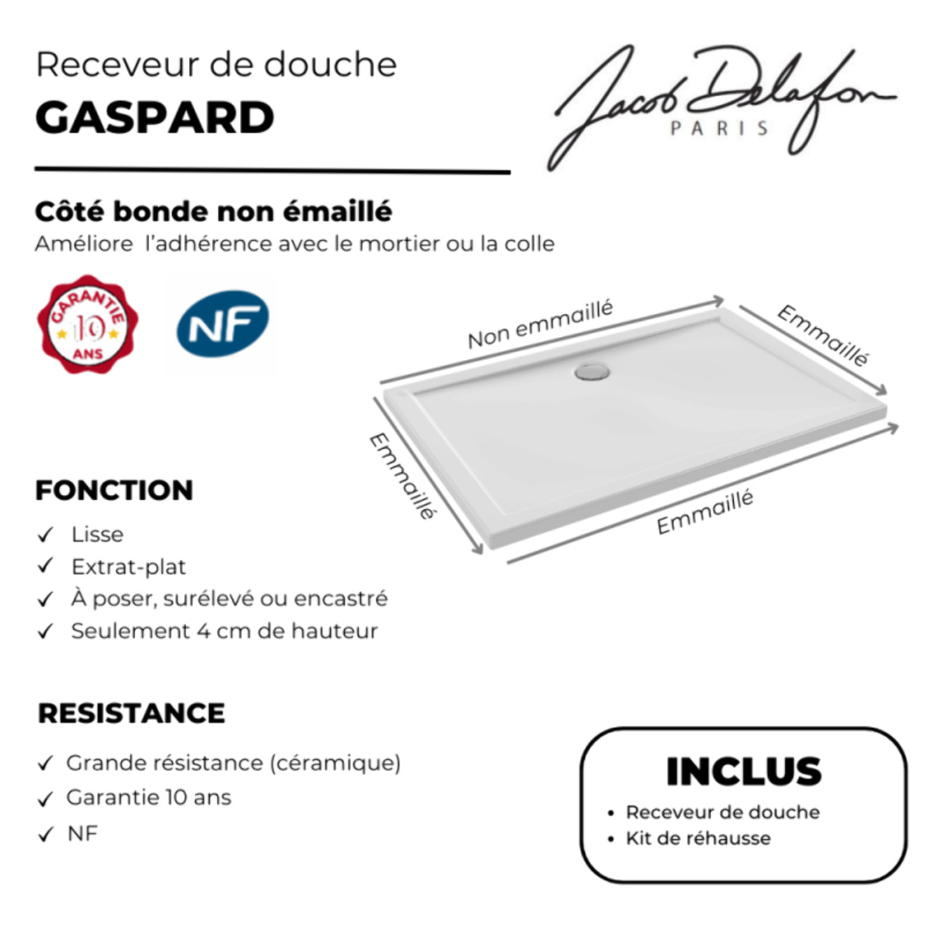 Receveur de douche 120 x 80 Gaspard extra-plat céramique + Kit de réhausse (5 pieds)