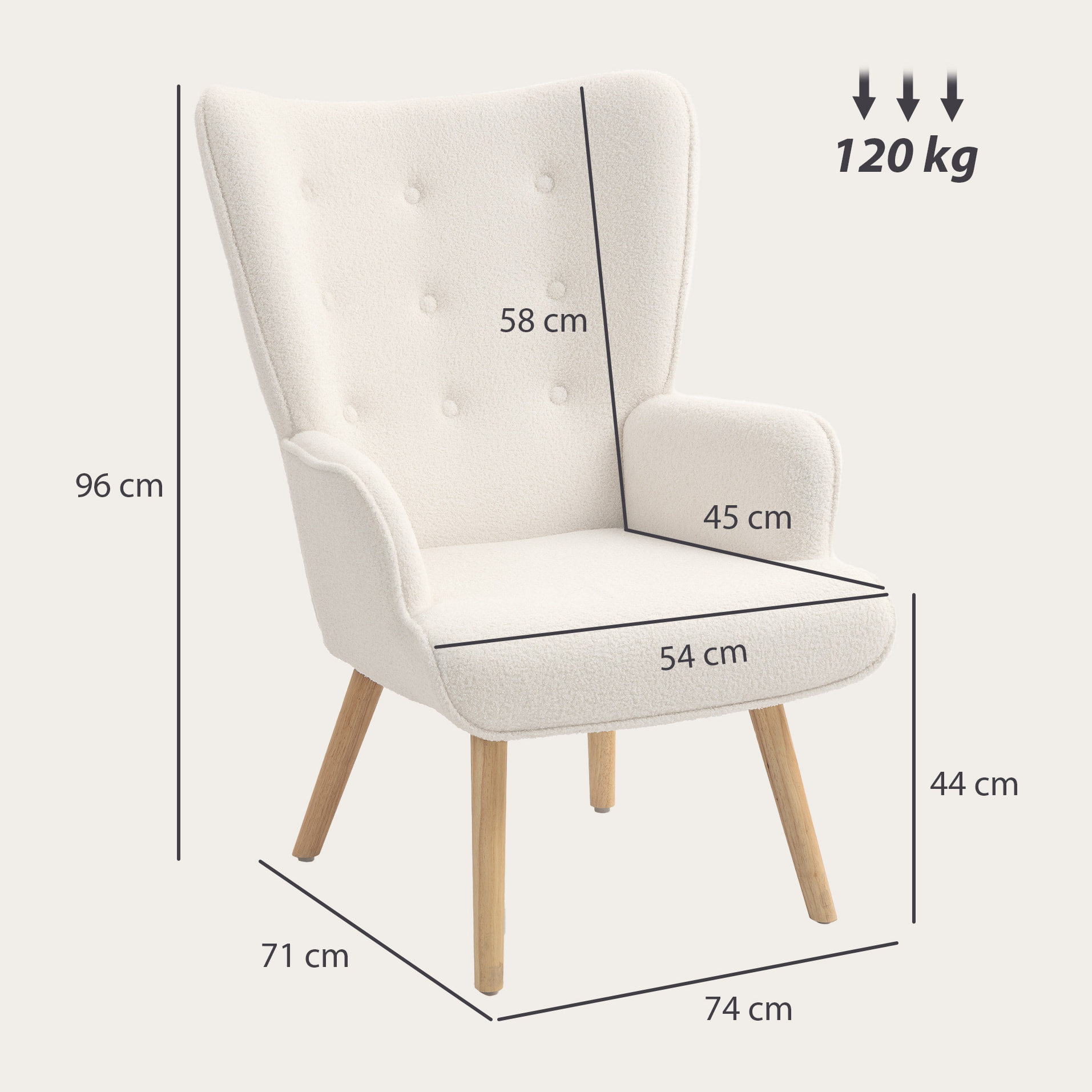 Fauteuil à oreilles style nordique piètement bois effet laine bouclée beige clair
